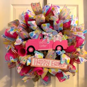 Homemade Pink Truck Happy Easter Wreath